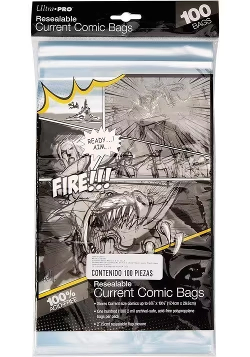 ULTRA PRO RESEALABLE CURRENT SIZE COMIC BAGS 2-MIL POLYPROPYLENE 6-7/8 X 10½ INCHES 100-COUNT CLEAR